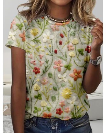 Simple Floral  Printing Crew Neck T-Shirt