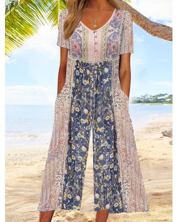 Ethnic V Neck Loose Vacation Jumpsuit