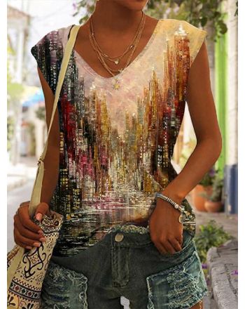 Casual V Neck Landscape Print Loose T-Shirt