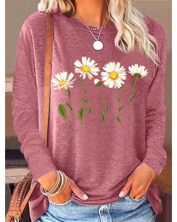 Women's Daisy Flower Crew Neck Casual Shirt