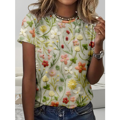 Simple Floral  Printing Crew Neck T-Shirt