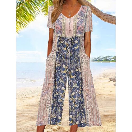 Ethnic V Neck Loose Vacation Jumpsuit