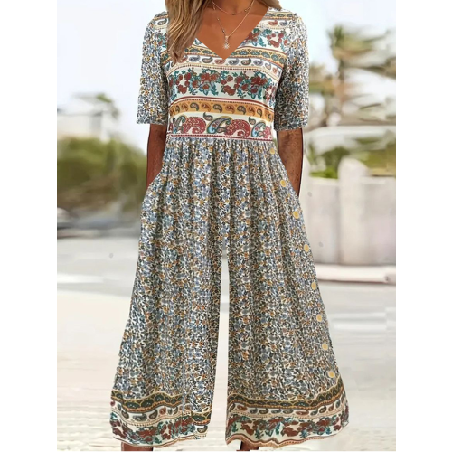 Plus Size Floral Casual Pocket Stitching Romper & Jumpsuit