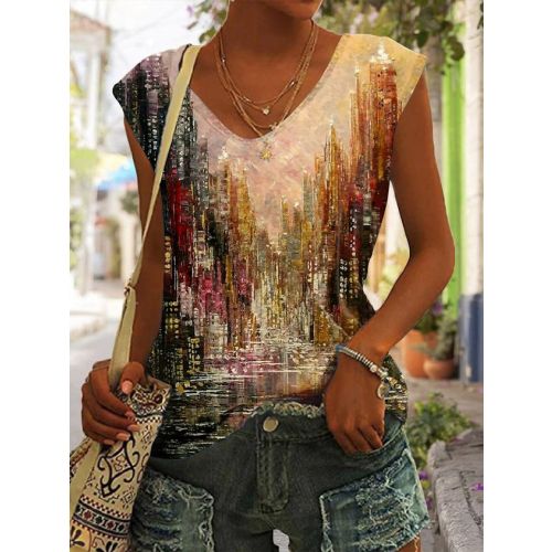 Casual V Neck Landscape Print Loose T-Shirt