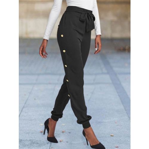 Plain Buckle Casual Pants